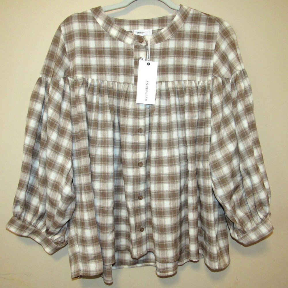 Anniewear Los Angeles Plaid Brown and White Women's Top